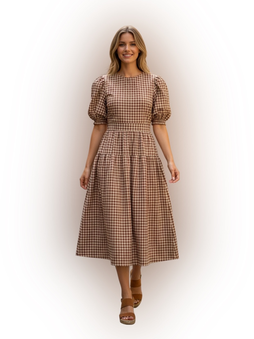NWOT En Saison Gingham Puff Sleeve Midi Dress Size S Cottagecore Prairie Brown